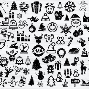 Puede incluir: Un conjunto de clipart digital en blanco y negro con varios iconos navideños, incluyendo un árbol de Navidad, Papá Noel, renos, copos de nieve, campanas, regalos, y más.