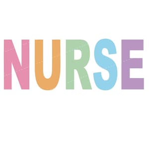 Könnte beinhalten: Das Wort "NURSE" in bunten Buchstaben geschrieben. Jeder Buchstabe hat eine andere Pastellfarbe: rosa, orange, grün, blau und lila.