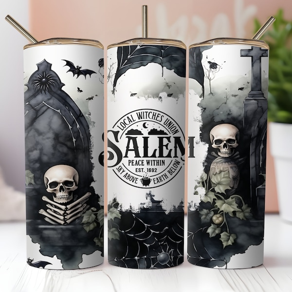 Salem witches skinny tumbler wrap png, halloween sublimation png, graveyard sublimation, tumbler template 20oz tumbler, witch png skeleton