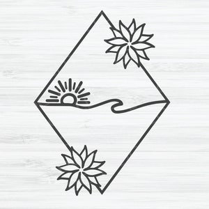 May include: A black and white line drawing of a sun setting over a wave with a flower on either side, all inside a diamond shape.