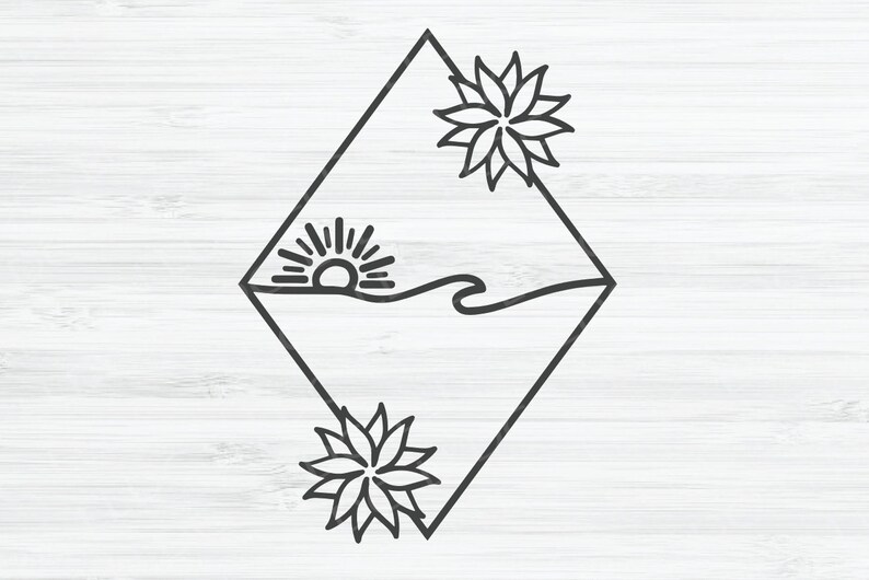 May include: A black and white line drawing of a sun setting over a wave with a flower on either side, all inside a diamond shape.