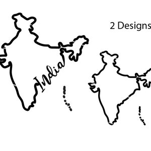 May include: Two black line drawings of the map of India. The first map includes the word "India" written in cursive. Both maps have dotted lines extending from the bottom right corner.