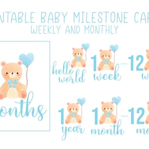 Fichiers png imprimables de carte d'étape mensuelle et hebdomadaire pour bébé garçon. Clipart de bébé ours. Ballons coeur animal aquarelle. Jalons bébé.