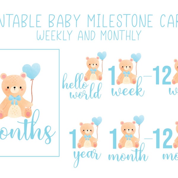 Printable baby boy monthly and weekly milestone card png files. Baby bear clipart. Watercolor animal heart balloons. Baby milestones.