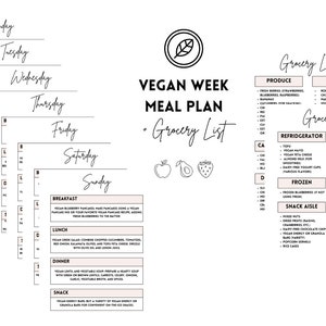 Plan de comidas vegano de una semana y lista de compras editables, lista de comidas veganas imprimible, plantilla canva, organización, lista de hábitos, compras veganas