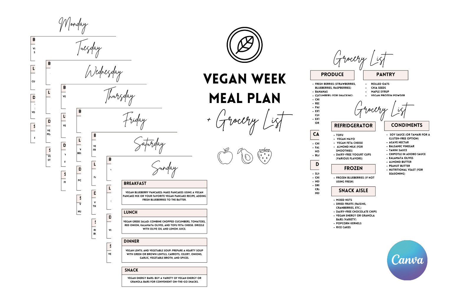 Editable One Week Vegan Meal Plan and Grocery List, Printable Vegan ...
