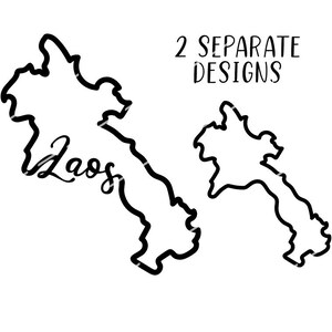 Puede incluir: Dos dibujos de línea negra del país de Laos. El primer dibujo es un contorno más detallado del país con la palabra "Laos" escrita en cursiva dentro del contorno. El segundo dibujo es un contorno más simple del país.