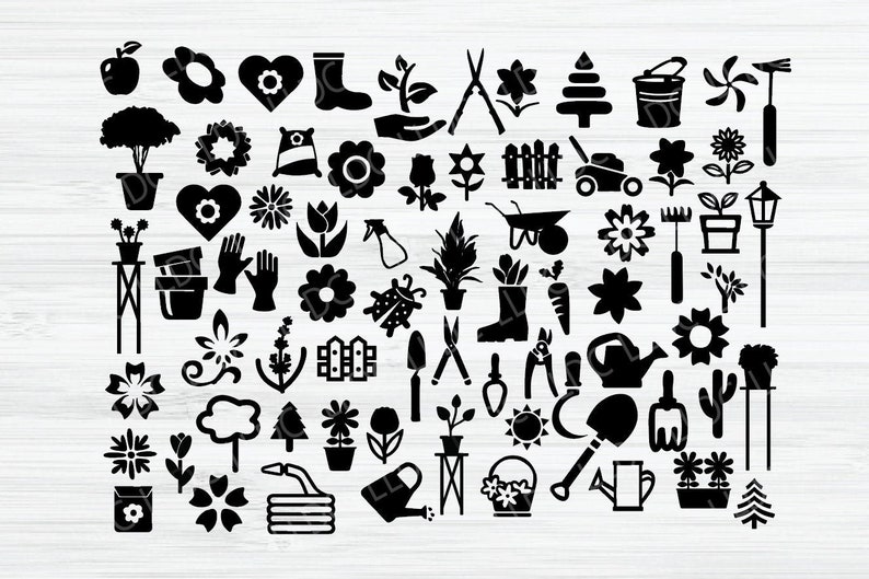 Puede incluir: Un conjunto de 60 iconos tem&aacute;ticos de jardiner&iacute;a en blanco y negro. Los iconos incluyen una variedad de herramientas, plantas, flores y otros art&iacute;culos relacionados con la jardiner&iacute;a.