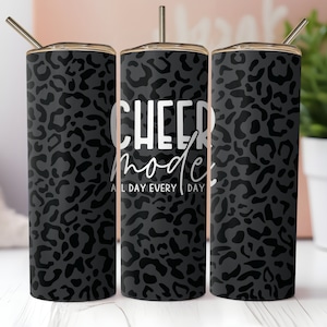 Cheer mode skinny tumbler wrap png, cheerleading sublimation png, cheer sublimation, tumbler template 20oz tumbler, black leopard print.