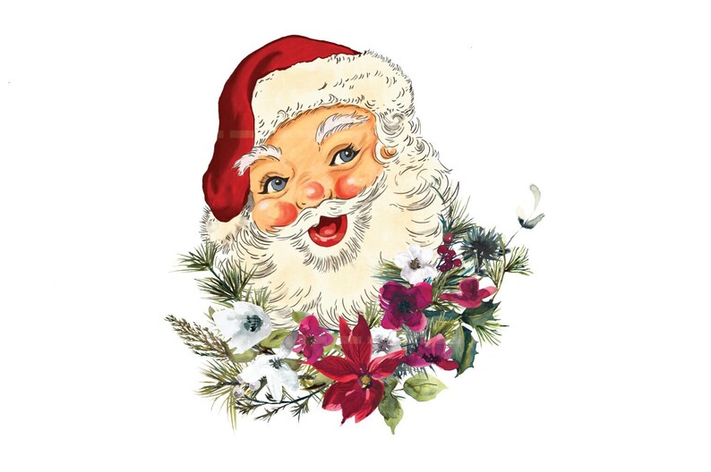 Puede incluir: Una ilustraci&oacute;n vintage de la cara de Santa Claus con barba blanca y gorro rojo, rodeada de una corona de flores rojas, blancas y verdes.
