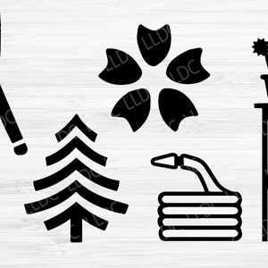 Puede incluir: Ilustraciones en silueta negra y blanca de herramientas de jardiner&iacute;a y plantas. El conjunto incluye un par de tijeras de podar, un &aacute;rbol, una flor, una planta en maceta en un soporte y una manguera de jard&iacute;n.