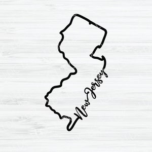 May include: Black and white outline of the state of New Jersey with the text "New Jersey" written in cursive inside the outline.