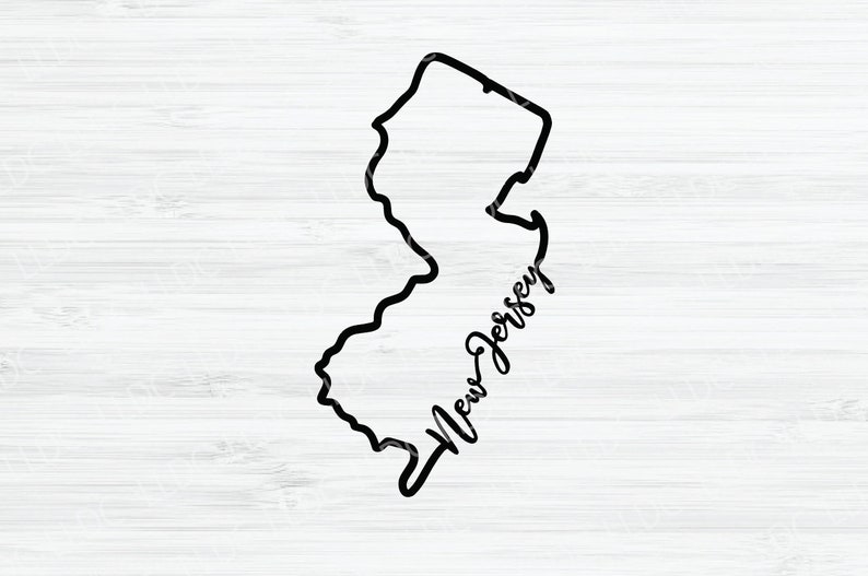 May include: Black and white outline of the state of New Jersey with the text "New Jersey" written in cursive inside the outline.