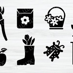 Puede incluir: Iconos en silueta de color negro y blanco de herramientas de jardiner&iacute;a y plantas. Los iconos incluyen un par de tijeras de podar, un paquete de semillas, una cesta de flores, una planta en maceta, una bota, una mariquita y un soporte para plantas.