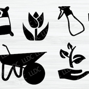 Puede incluir: Iconos en silueta en blanco y negro de herramientas de jardiner&iacute;a y plantas. Los iconos incluyen una bolsa de fertilizante, un tulip&aacute;n, una regadera, un rastrillo, una carretilla, un brote y una mano sosteniendo un brote.