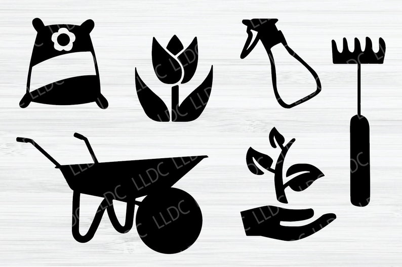 Puede incluir: Iconos en silueta en blanco y negro de herramientas de jardiner&iacute;a y plantas. Los iconos incluyen una bolsa de fertilizante, un tulip&aacute;n, una regadera, un rastrillo, una carretilla, un brote y una mano sosteniendo un brote.