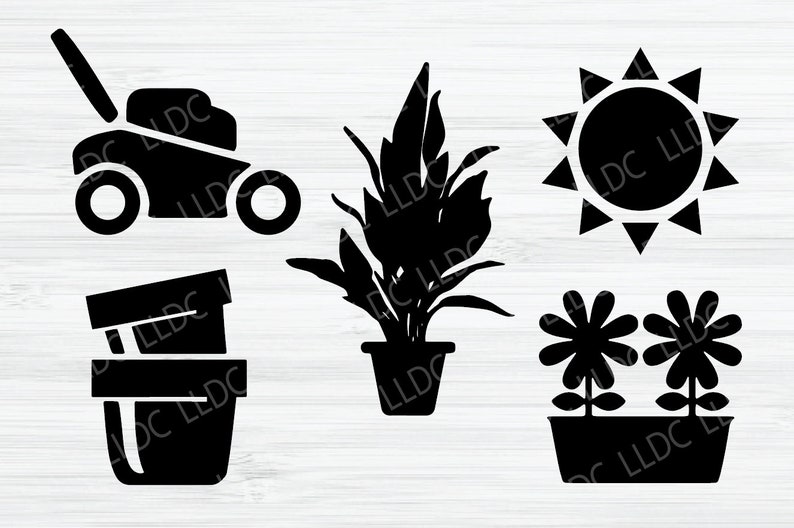 Puede incluir: Conjunto de clipart de silueta en blanco y negro de art&iacute;culos de jardiner&iacute;a y cuidado del c&eacute;sped. El conjunto incluye una cortadora de c&eacute;sped, una planta en maceta, una maceta de flores con dos flores y un sol.