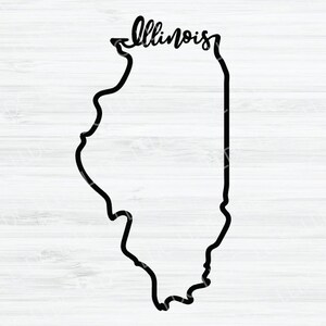 May include: Black and white outline of the state of Illinois with the word "Illinois" written in cursive above the state.