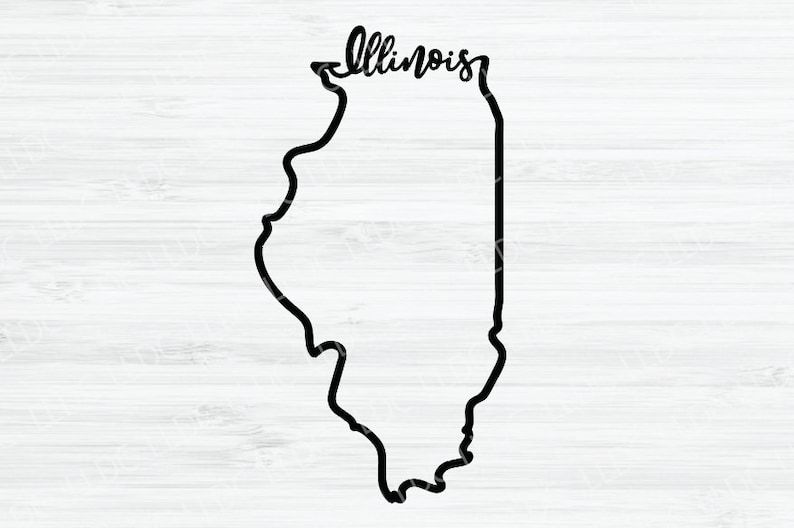 May include: Black and white outline of the state of Illinois with the word "Illinois" written in cursive above the state.