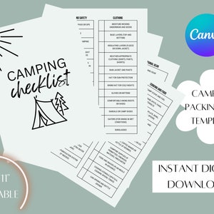 Bearbeitbare Camping Packliste, druckbare Packlisten Vorlage, Camping Essentials Checkliste, Camp Trip Planner, Camping Gear Organizer