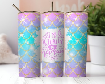 Actually a mermaid Pink and blue glitter scales skinny tumbler wrap png, mer mama png, tumbler template, mermaid sublimation 20oz, mermazing