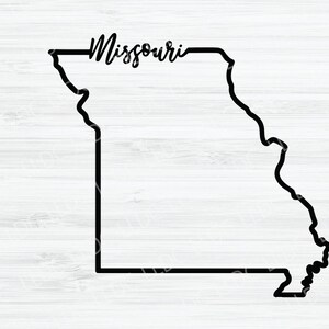 May include: Black and white outline of the state of Missouri with the word "Missouri" written in cursive above the outline.