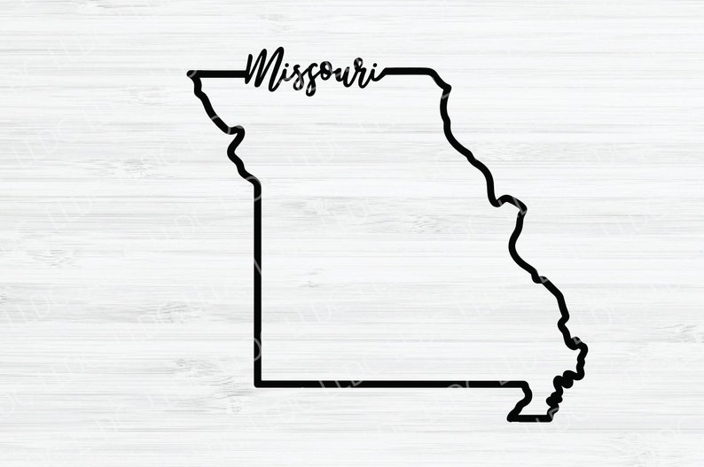 May include: Black and white outline of the state of Missouri with the word "Missouri" written in cursive above the outline.