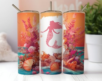 Pink mermaid sunset beach skinny tumbler wrap png, mer mama png, vacation sublimation tumbler template, mermaid sublimation 20oz,
