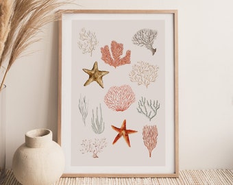 Watercolor Coral and Starfish Print, Boho Coastal Art