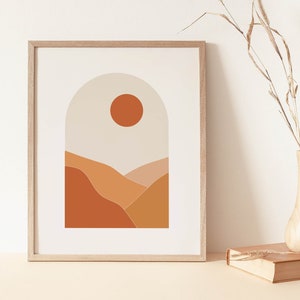 Sun Art Print, Abstract Desert, Sand Dunes Landscape, Mountains Poster, Warm Colors, Modern Wall Art, Minimal Shapes, Boho Illustration