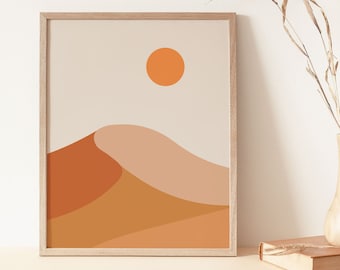 Puede incluir: Una impresión enmarcada de un paisaje desértico minimalista con un solo sol naranja y una serie de colinas marrones, naranjas y rosadas.