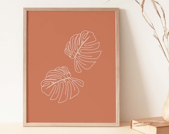 Botanical Line Art, Monstera Leaf, Boho Wall Prints, Minimalist Botanical Art, Large Botanical Wall Print, Plant Line Drawing, Leaves, Boho