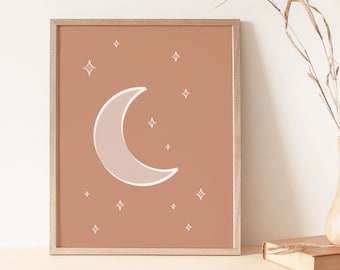 May include: A framed print with a minimalist design featuring a white crescent moon and scattered white stars on a terracotta background.
