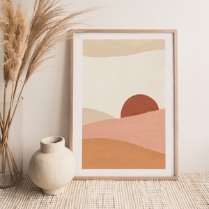 Desert Art Print, Sunrise Art Print, Desert Painting, Sun Art Print, Abstract Desert, Sand Dunes Landscape, Warm Colors, Boho Wall Poster image 1