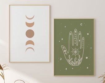 Boho Art Set of 2 Prints, Hand Print, Boho Poster, Moon Art Print, Wall Prints, Celestial Wall Art, Bohemian, Abstract, Boho Decor, Boho