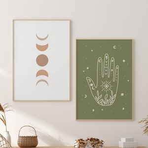 Boho Art Set of 2 Prints, Hand Print, Boho Poster, Moon Art Print, Wall Prints, Celestial Wall Art, Bohemian, Abstract, Boho Decor, Boho