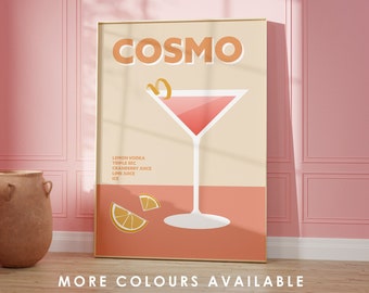 Cosmo Cocktail Print, Unframed 4x6/5x7/8x10/A6/A5/A4/A3/A2/A1, Kitchen Bar Drinks Print, Pink And Yellow Colourful Art, Retro Wall Art