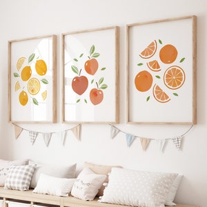 Citrus Wall Art, Set Of 3 Fruit Prints, 3 for 2, Colourful Fruit Prints, Gallery Wall, Kitchen, Living Room, Bedroom, Dining Room, Nursery