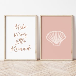 Set of 2 Prints, Make Waves Little Mermaid Print, Kids Prints, Gallery Wall, Shell Print, Nursery Decor, Pink Art Print, Kids Bedroom