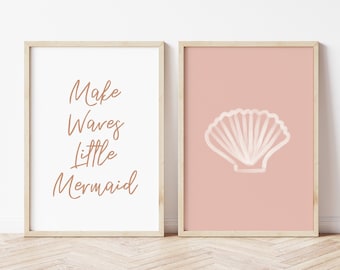 Set of 2 Prints, Make Waves Little Mermaid Print, Kids Prints, Gallery Wall, Shell Print, Nursery Decor, Pink Art Print, Kids Bedroom