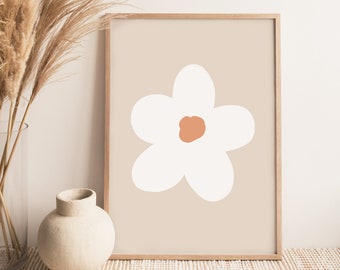 Retro Daisy Print, Beige and Pink Floral Wall Art