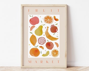 Retro Fruit Market Print, Kitchen Wall Art, Boho Dining Decor