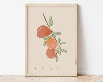 May include: A peach print featuring three peaches on a branch with leaves. The text "PEACH" is below the peaches.