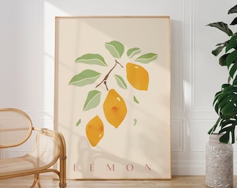 Retro Lemon Kitchen Art Print, Botanical Fruit Wall Decor