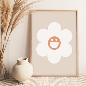 Daisy Wall Print, Smiley Face, Flower Poster, Retro Prints, Flower Wall Decor, Daisy Wall Art, Floral Print, Boho Home Decor, Retro Decor