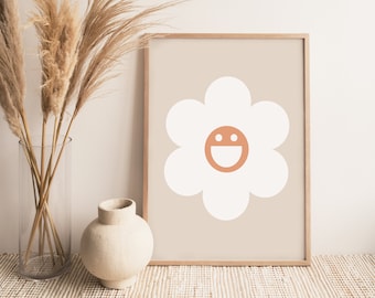 Retro Smiley Daisy Wall Print, Boho Floral Decor