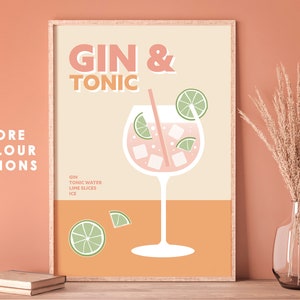 May include: A printable poster with a retro design featuring a glass of gin and tonic with lime slices and ice. The poster has the text "Gin & Tonic" in large letters and the words "Gin, Tonic Water, Lime Slices, Ice" in smaller letters below the glass. The poster has a peach background with a light orange bottom.