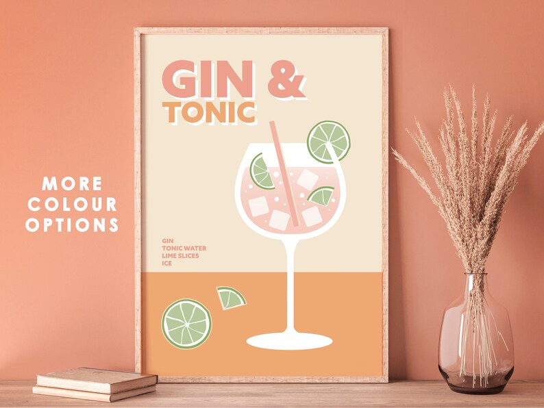 May include: A printable poster with a retro design featuring a glass of gin and tonic with lime slices and ice. The poster has the text "Gin & Tonic" in large letters and the words "Gin, Tonic Water, Lime Slices, Ice" in smaller letters below the glass. The poster has a peach background with a light orange bottom.