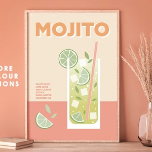 Impresión de pared de cóctel mojito, póster de cóctel retro, regalo para amantes de los cócteles, impresiones de cócteles vintage, arte de pared para barra de cocina, regalo de decoración retro