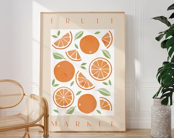 Orange Fruit Market Print, Retro Kitchen Poster, Boho Decor